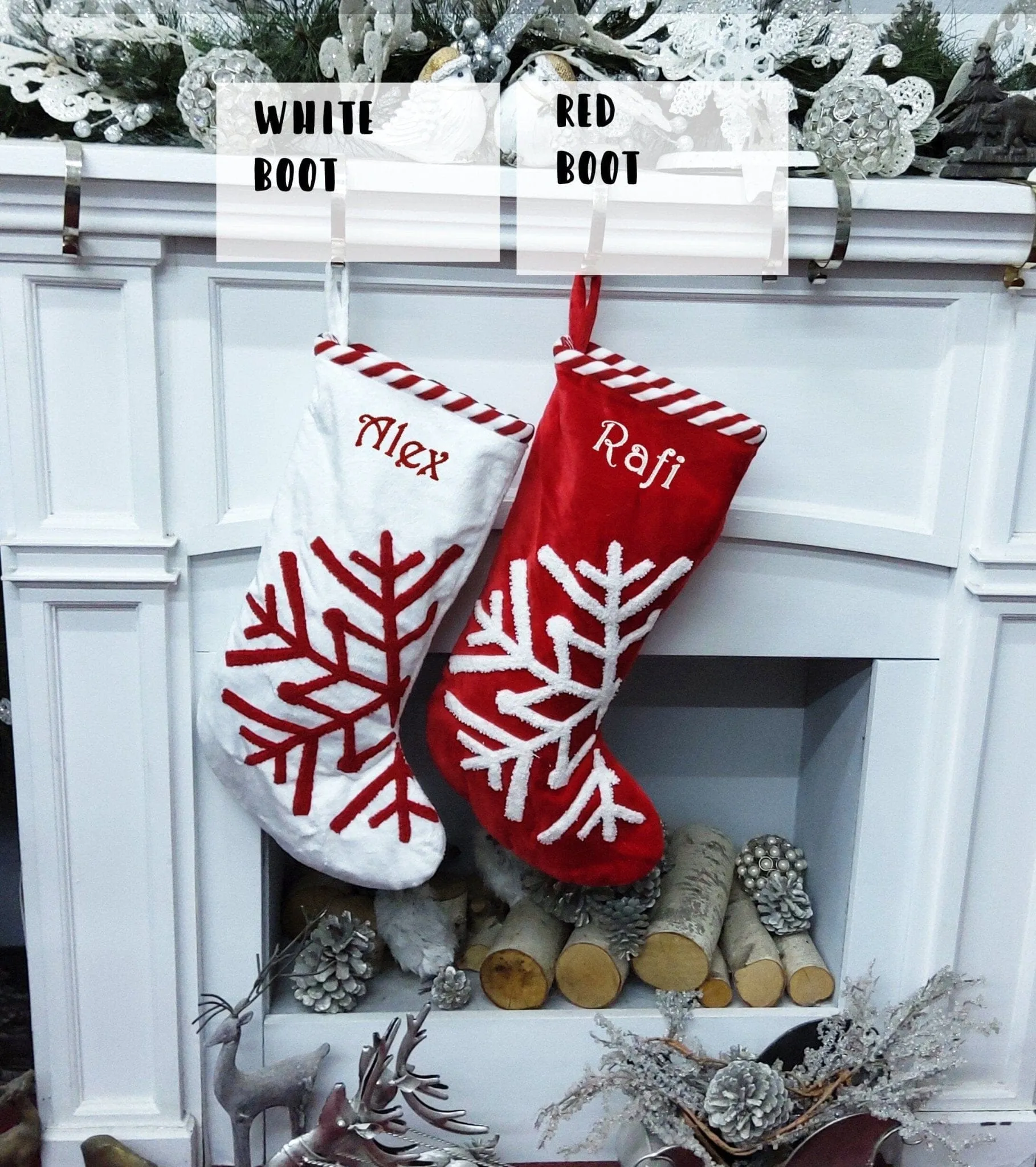 Scandinavian Large 23" Personalized Christmas Stocking Christmas Snowflake Modern Minimalist Red White Candy Cane Stripes