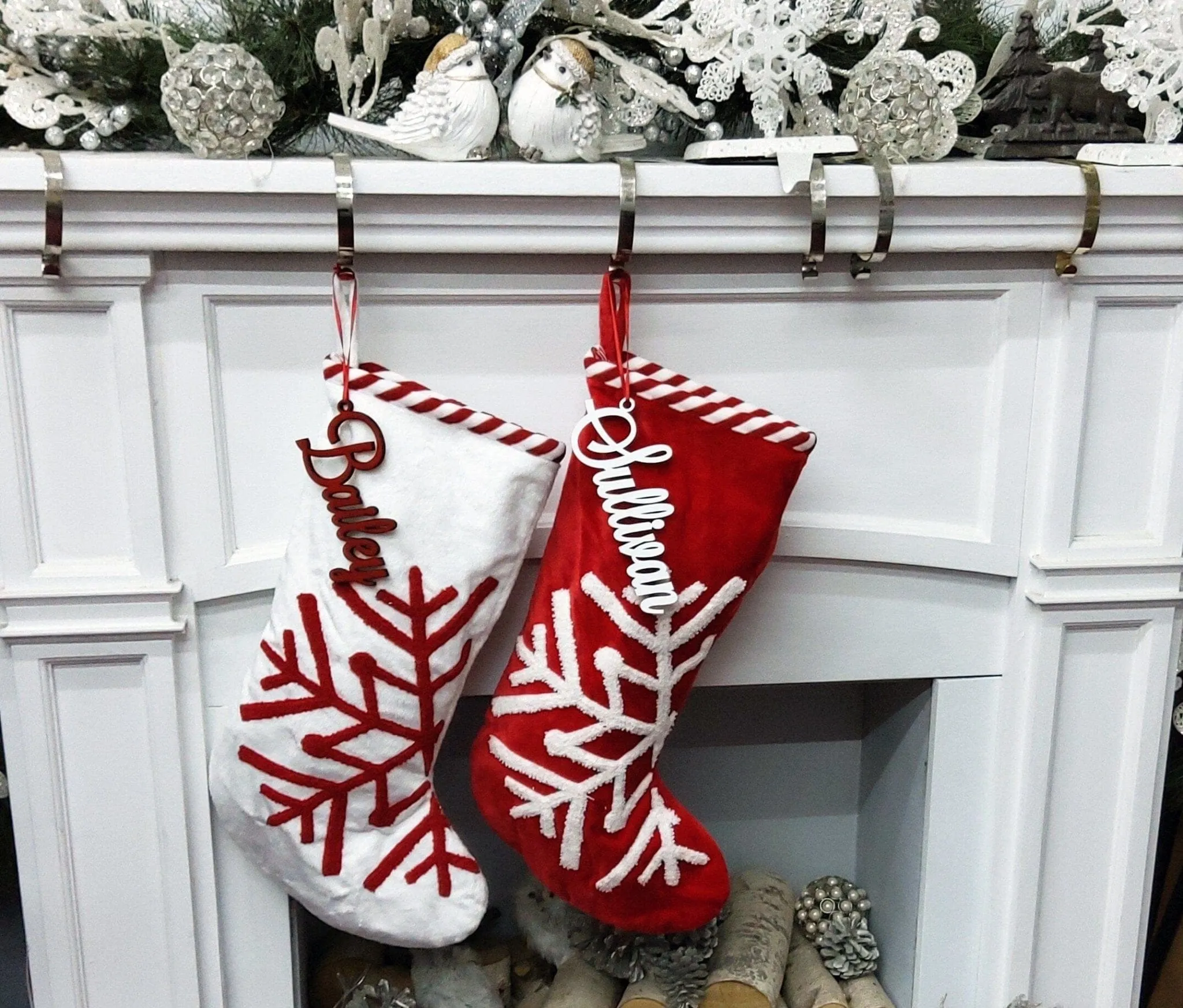 Scandinavian Large 23" Personalized Christmas Stocking Christmas Snowflake Modern Minimalist Red White Candy Cane Stripes