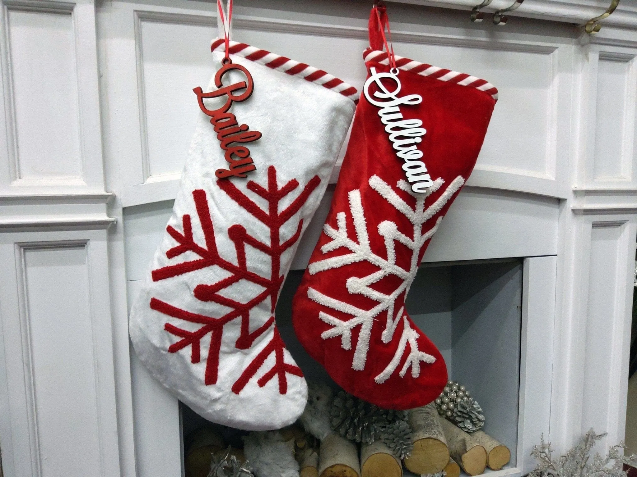 Scandinavian Large 23" Personalized Christmas Stocking Christmas Snowflake Modern Minimalist Red White Candy Cane Stripes
