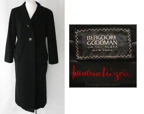 Size 12 Designer Coat - Elegant 1960s Black Winter Overcoat by Pauline Trigere - Bergdorf Goodman NYC - Gorgeous Large Classic - Bust 40