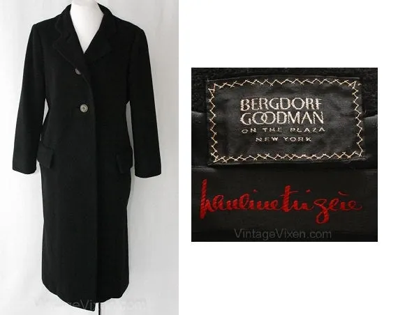 Size 12 Designer Coat - Elegant 1960s Black Winter Overcoat by Pauline Trigere - Bergdorf Goodman NYC - Gorgeous Large Classic - Bust 40