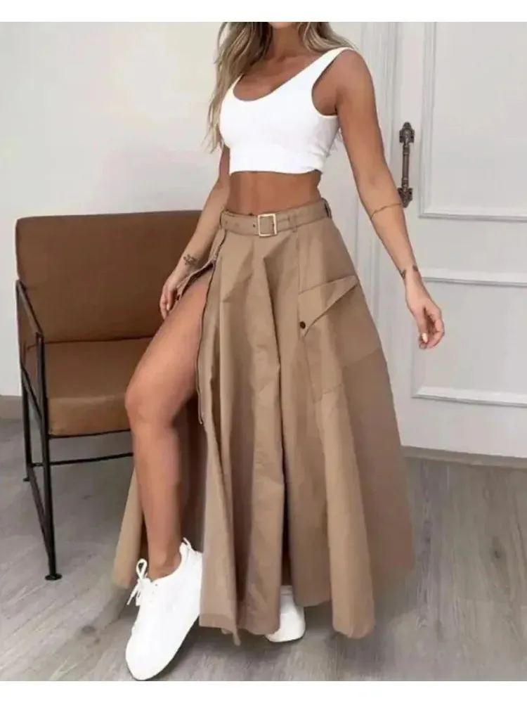 UAKISS  -  Elegant Skirts for Women Clothing Trend 2024 Casual Spring Autumn Fashion High Waist Irregular Pockets Long Skirt Lady Workwear