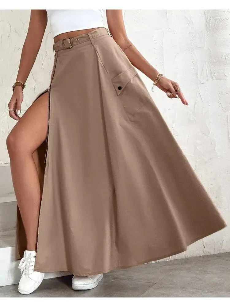 UAKISS  -  Elegant Skirts for Women Clothing Trend 2024 Casual Spring Autumn Fashion High Waist Irregular Pockets Long Skirt Lady Workwear