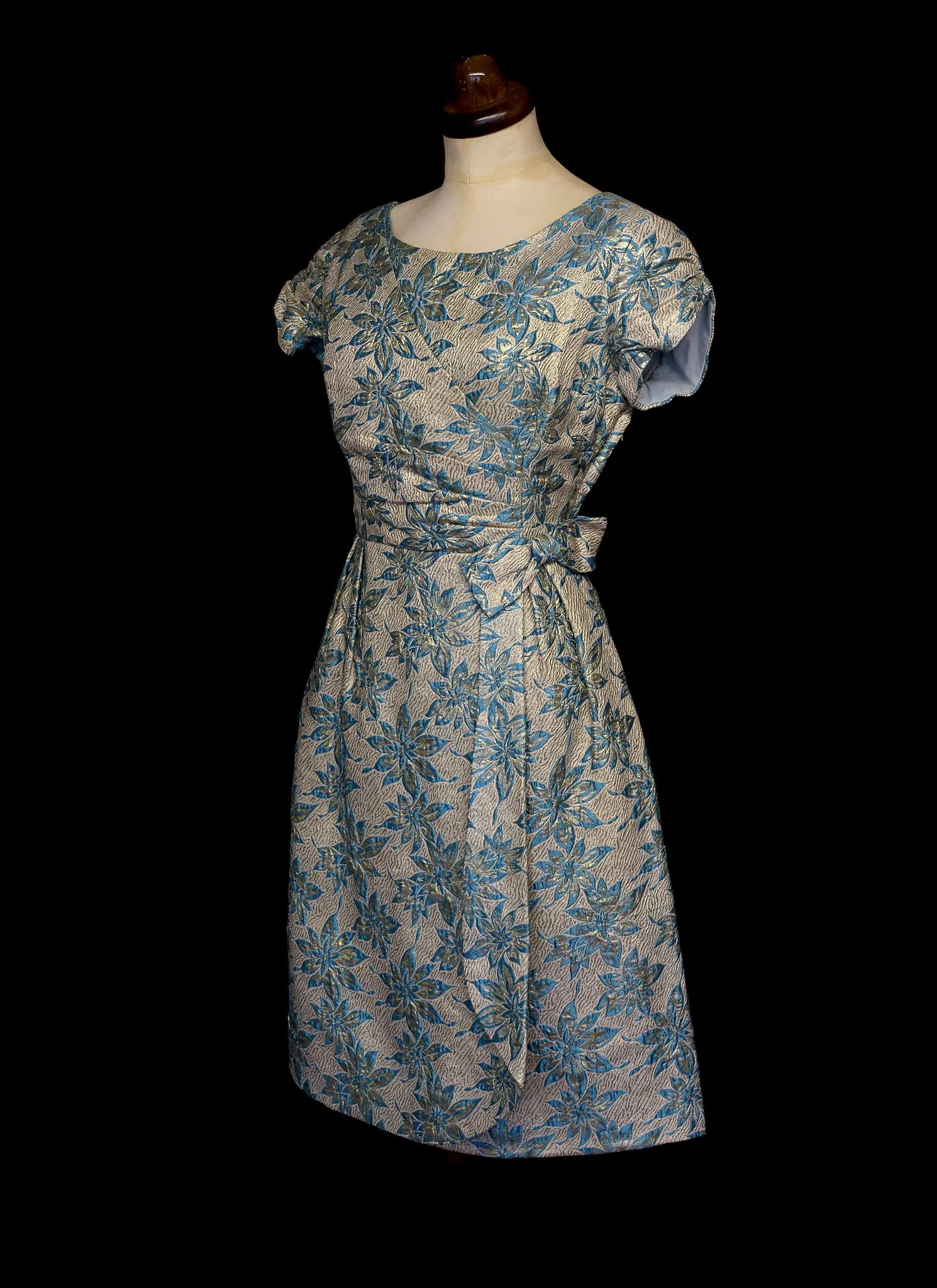 Vintage 1960s Blue Gold Brocade Cocktail Dress