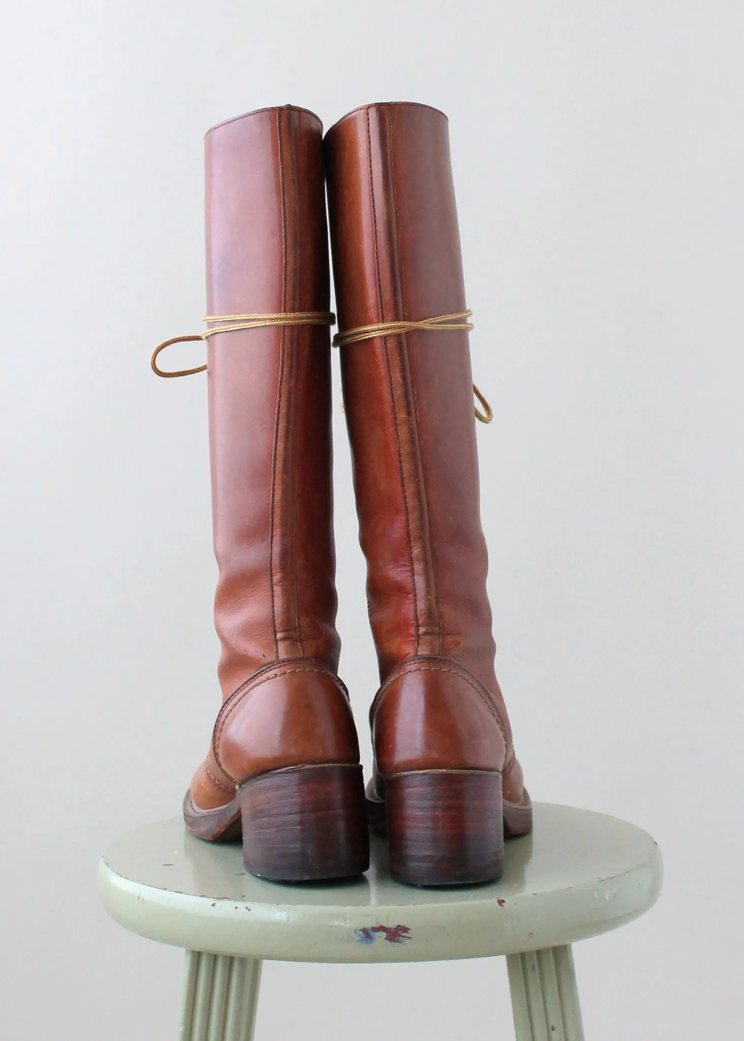 Vintage 1970s Brown Leather Tall Lace Up Boots