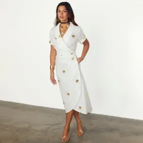 White Cotton Linen Brooklyn Dress With Gold Fleck