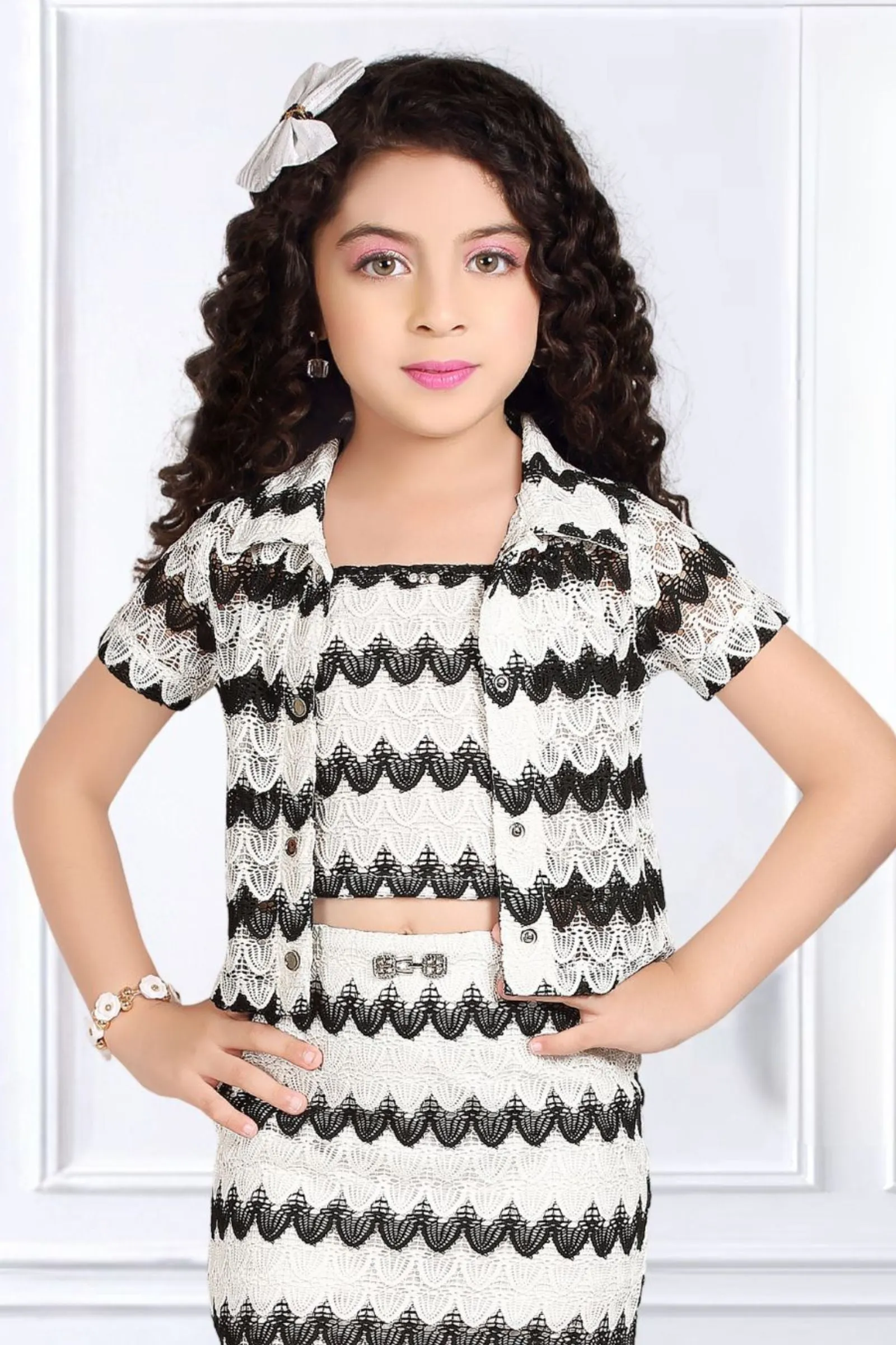 White with Black Embroidery Top and Overcoat with Divider Skirt for Girls