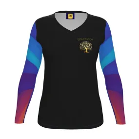 Yahuah-Tree of Life 01 Royal Ladies Designer V-neck Long Sleeve Jersey T-shirt